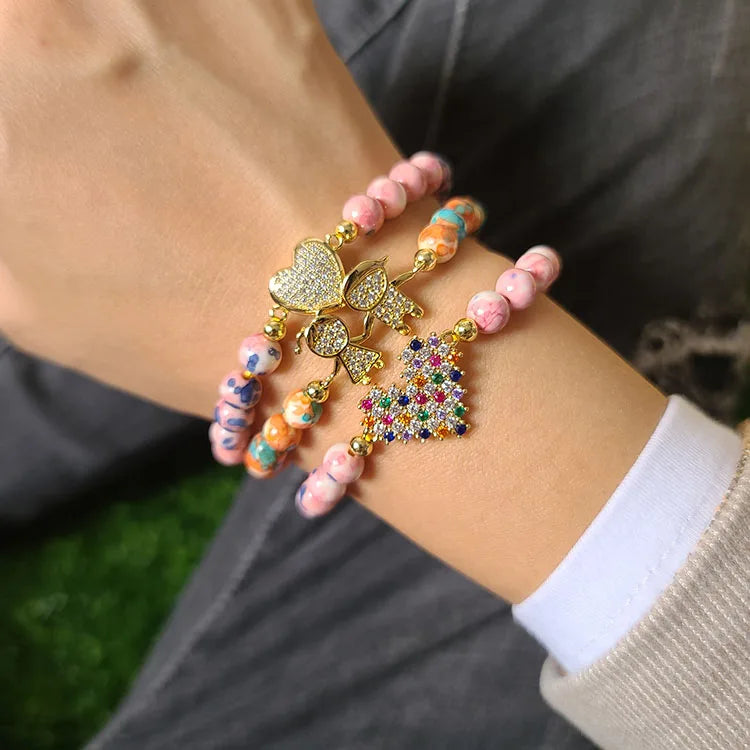 BN2050 Fashion Rainflower Stone Beaded 18k Gold CZ Micro Paved Love Heart Boy and Girl Bracelets for Ladies
