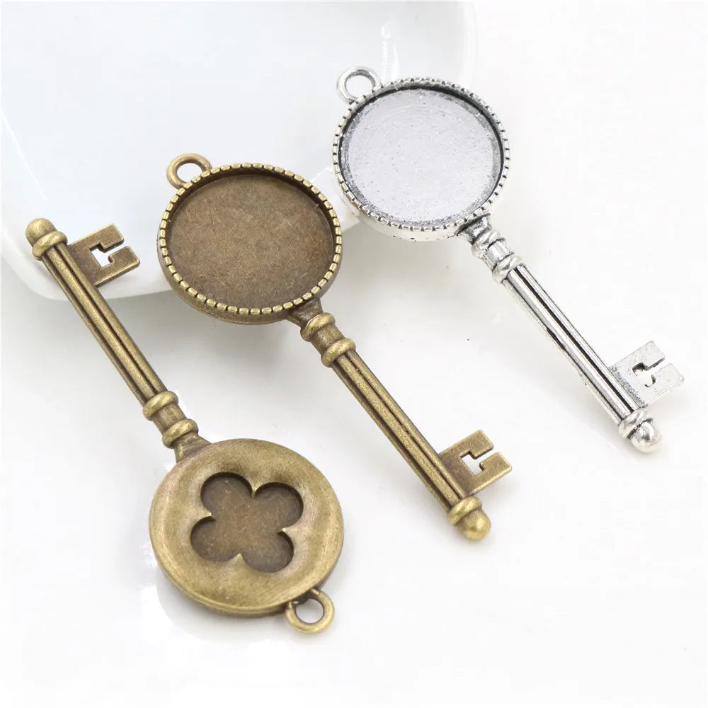 20mm Inner Size Antique Silver Plated and Bronze Cross Key Style Cabochon Base Setting Charms Pendant Blank Bezel Trays
