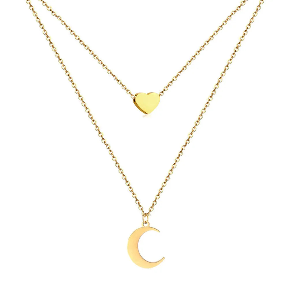 INS Minimalist Stainless Steel Double Layered Heart Moon  Necklace for Valentine's Day