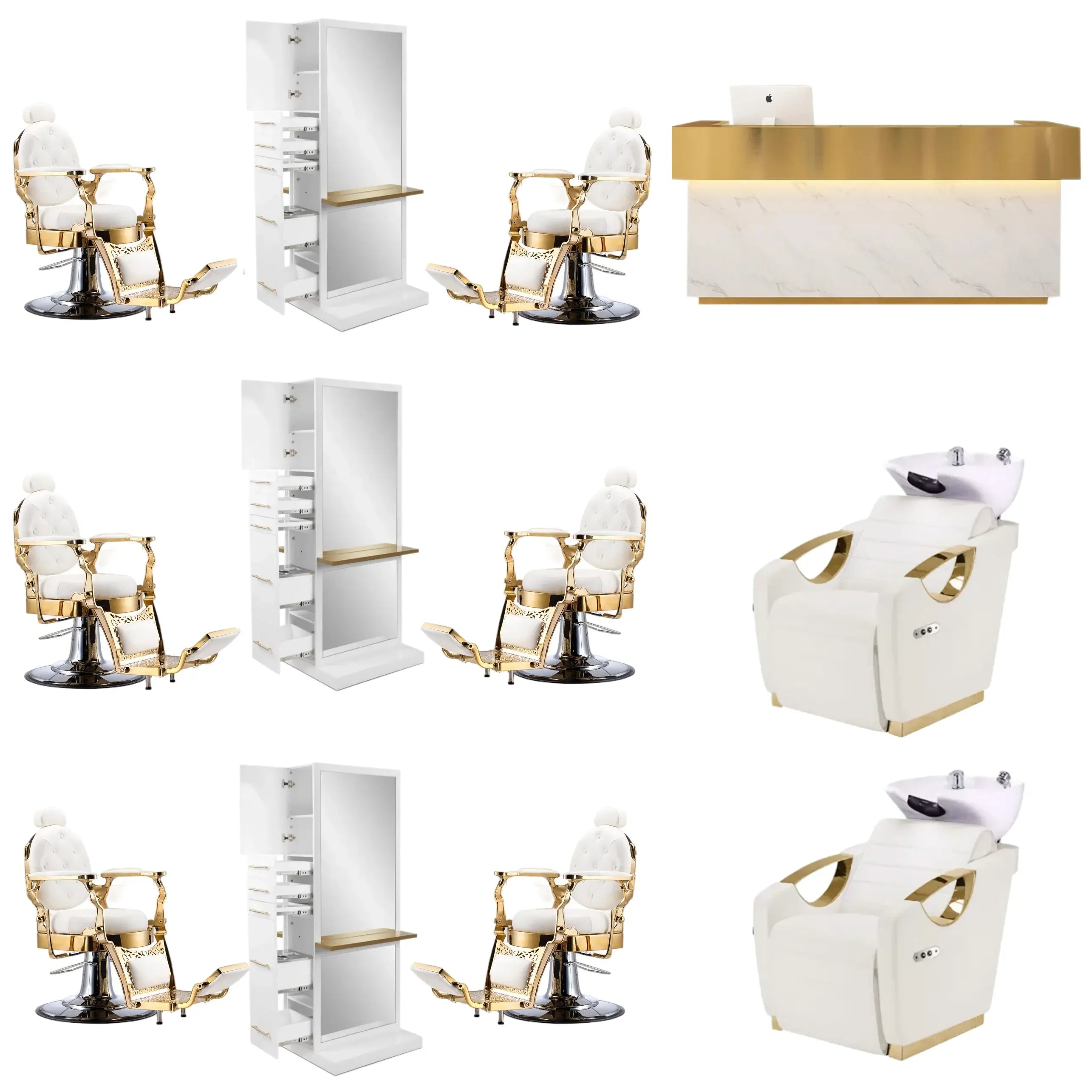 White Leather and Golden Frame Styling Chair Package Salon Furniture Set Barber Chair