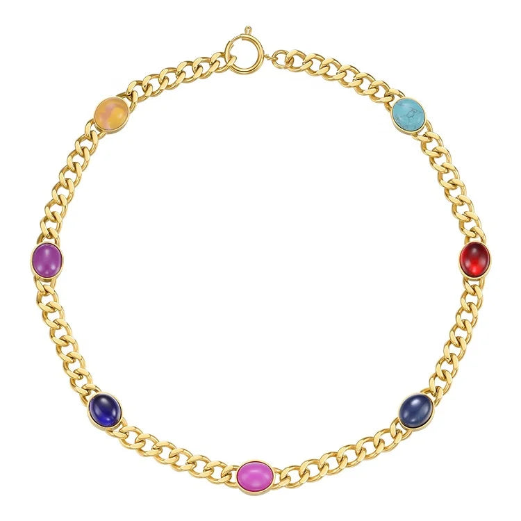 18K Gold Plated Stainless Steel Jewelry Multicolor Stones Thick Cuban Chain Accessories Necklace P213257