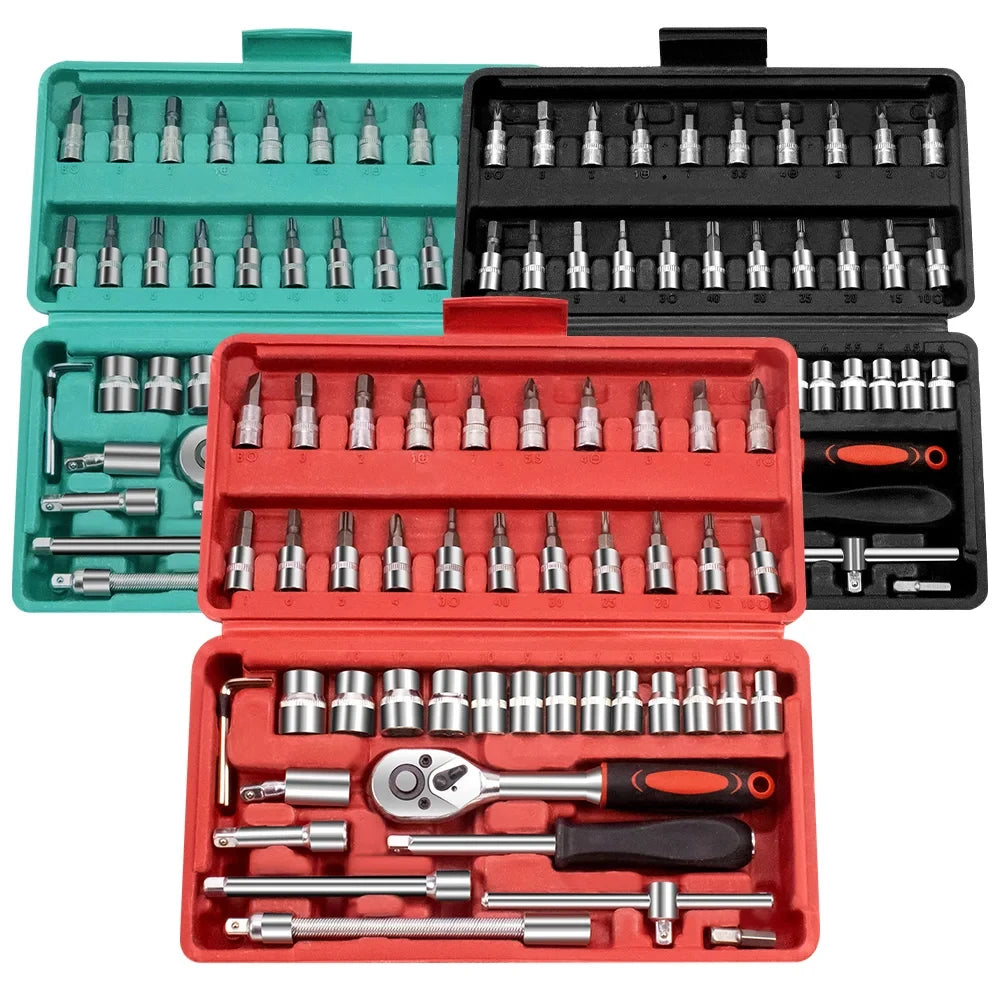NEW Bicycle  Repair Tool Kit 46 Piece/Set 1/4-Inch Socket Set Car Repair Tool Ratchet Torque Wrench Combo Auto Repairing Tool