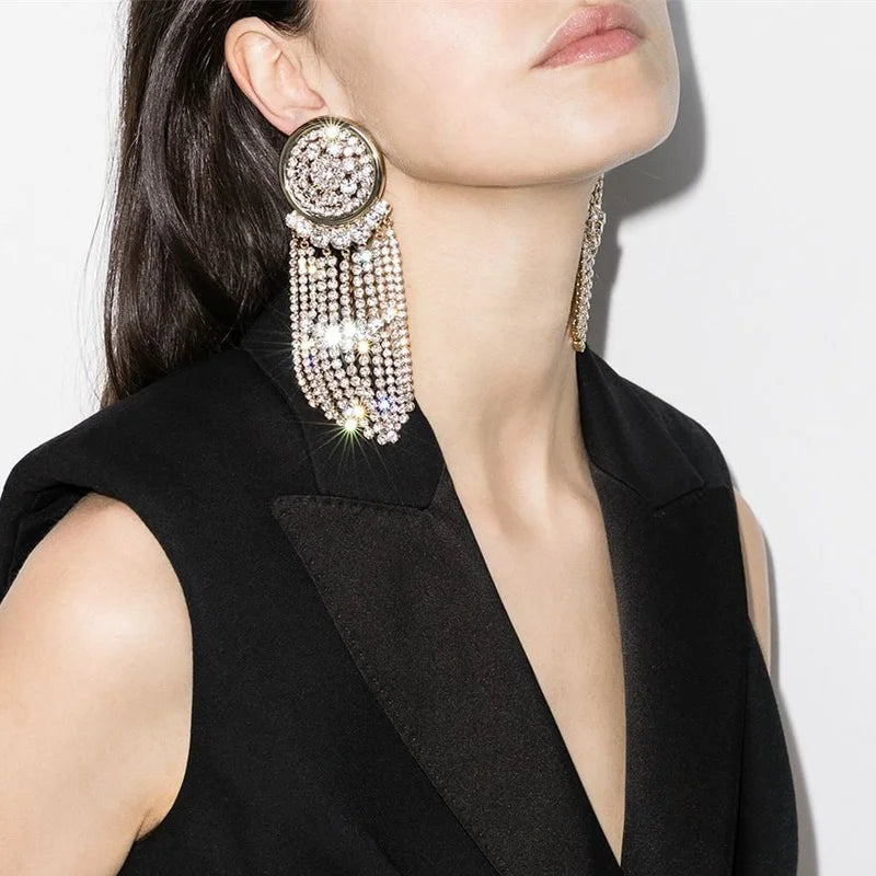 Round Alloy Rhinestone Tassel Earrings Wholesale Crystal Dangle Tassel Drop Long Earrings Jewelry
