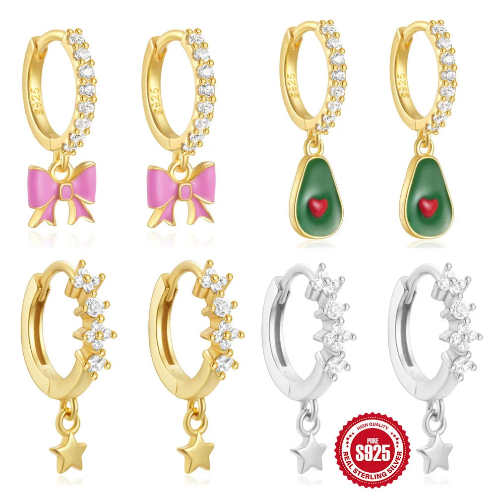 Fashion Jewelry 925 Sterling Silver Star Oil Drop Bow Knot Avocado Zircon Gold Plated Hoop Earrings Jewelry for Women