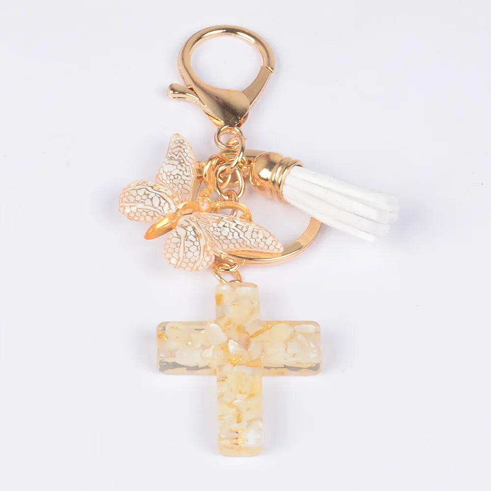 Wholesale Resin Bag Pendant Key Chain Trinket Accessories Gift Butterfly Jesus Christian Cross Charms Keychain With Tassels