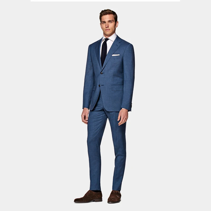 Spring New Business Gentleman in Medium Blue S110 Wool Men's Slim Two Single Breasted Suit