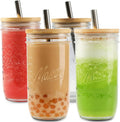 24oz Wide Mouth Borosilicate Glass BPA Free Dishwasher Safe Bamboo Lid Straw Reusable Coffee Mug Mason Jar Iced Coffee Travel
