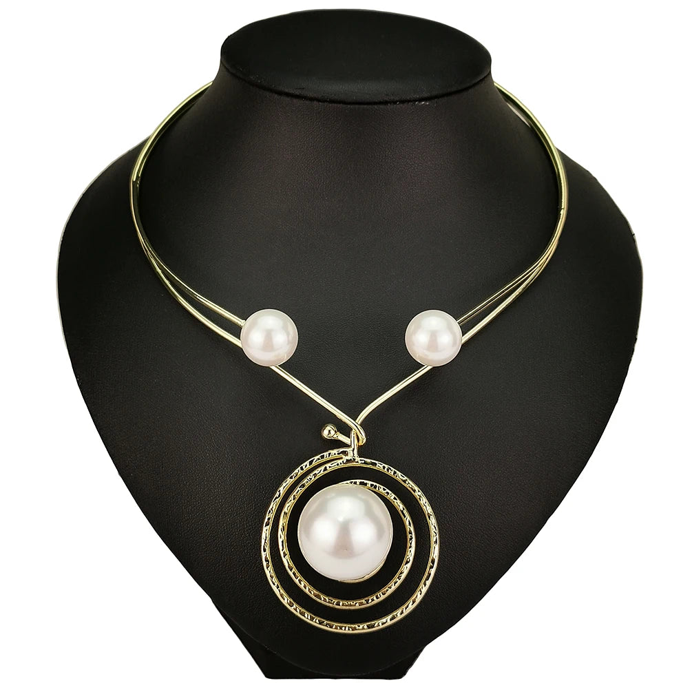 Charms Designer Big Simulated Pearl Necklace for Women Fashion Metal Wire Torques Choker Statement Beads Pendant Jewelry Collar