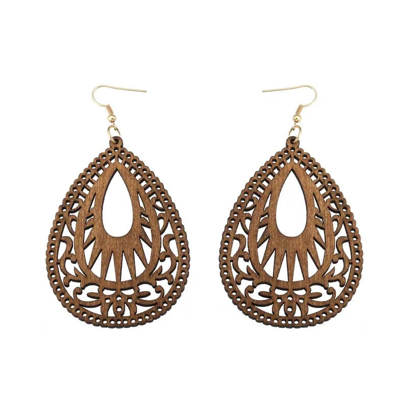 Western Fashion Retro Gold Hook Earrings Hanging Jewelry Hollow Earring for Girls Women's Colored Laser Cut Wooden Drop Earrings