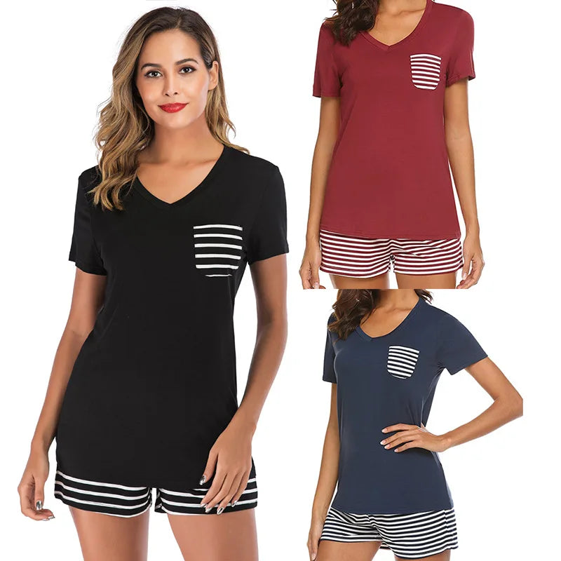 Style Pajama Cotton Set for Woman v Neck Summer Sleepwear Striped Short Sleeve for Women Sleepwear Set
