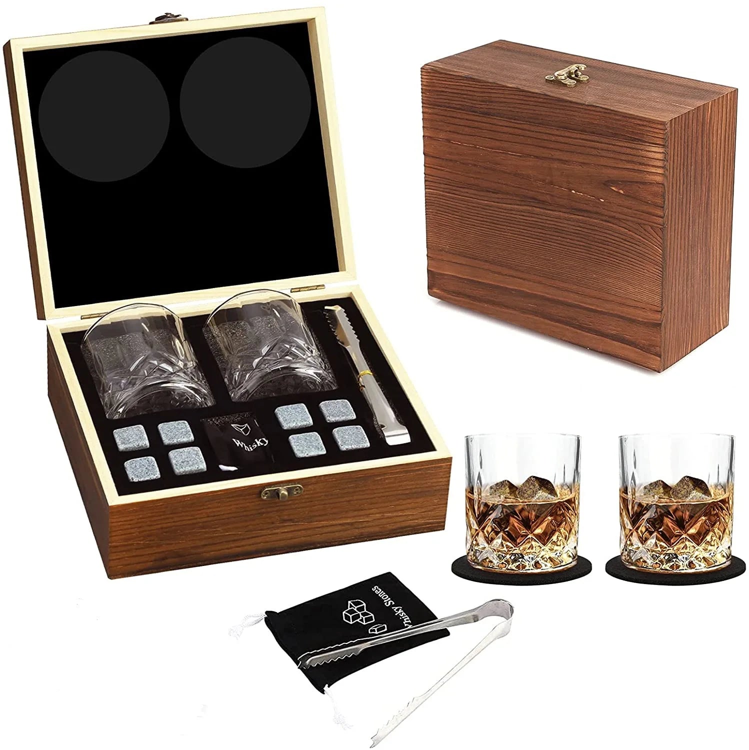 Handmade 220ml Wine Globe Set Glass Decanter with 2 Cups Ice Stone Clip in Gift Wood Base