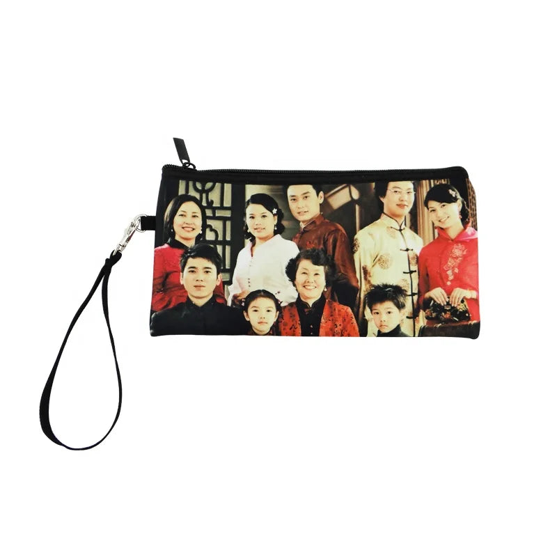 Factory Personalized Sublimation Printing Portable Girls Washable Neoprene Makeup Bags Zipper Cosmetic Bag with Wrist Strap