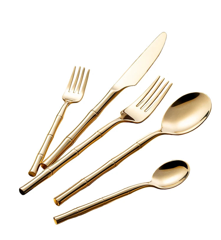 Flatware Cutlery Set Silverware Set Gold Silver Spoon Fork Knife Stainless Steel Bamboo Handle Shaped Cutlery