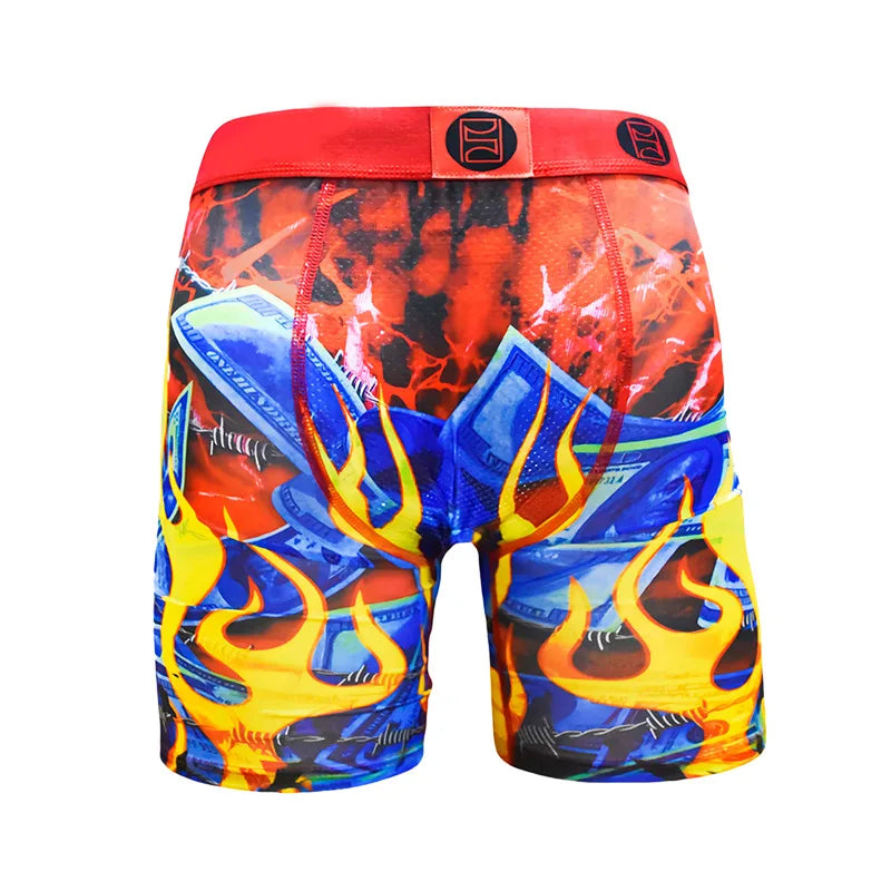 Men's Sports Underwear Digital Color Print Free Size Breathable Silk Polyester Fabric 5-Point Long Boxer Pants for Boys