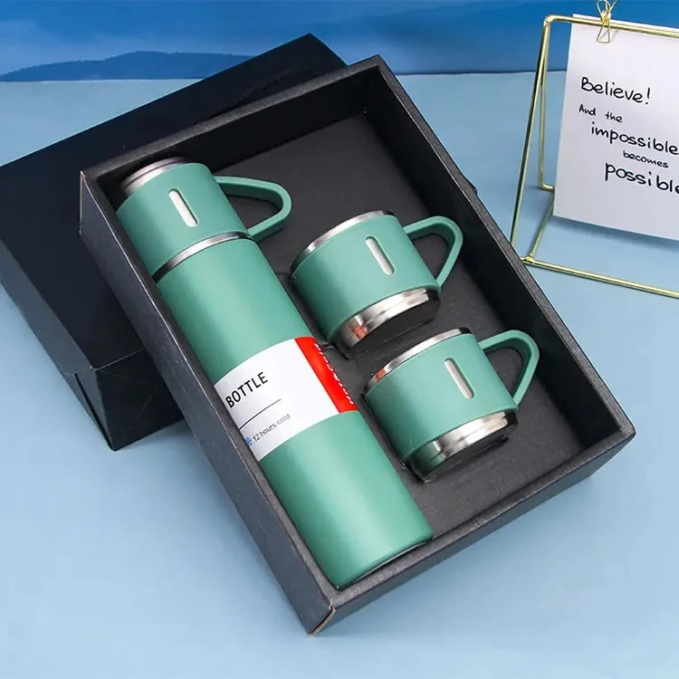 Hot Sale Promotional Gift 304 Stainless Steel Business Water Bottle Two Cups Gift Set Bullet Type Vacuum Flask Gift Sets