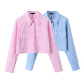 RNSHANGER Women Elegant Striped Blouse Sweet Long Sleeve Shirt With Front Pocket Casual Woman Cropped Pink Blue Blouses Top
