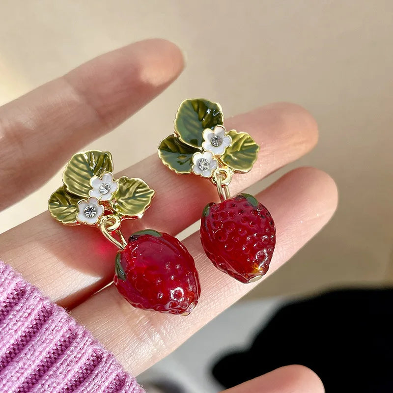 S925 Silver Needle Leaf Flower Drop Earrings Red Crystal Raspberry Earrings Cute Fruit Strawberry Earrings for Girls Women