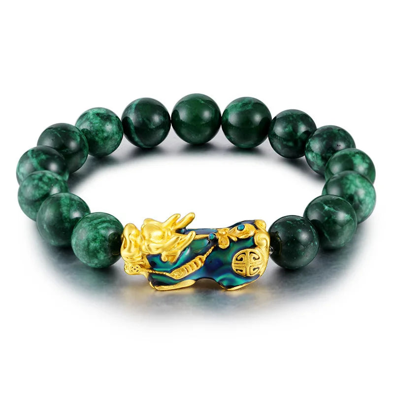 Golden PIXIU Bracelet for Women Men Green Beads Couple Bracelet Bring Lucky Brave Wealth Feng Shui Bracelets for Men