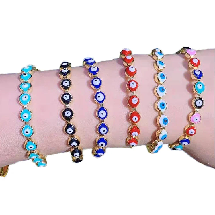 BM1024 18k Gold Silver Plated Rainbow Blue Enamel Multicolored Evil Eyes Spiritual Bolo Chain Slide Bracelet Protection Jewelry