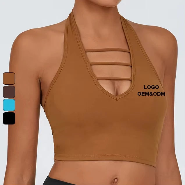 Women's Sports Yoga Fitness Bra Halter Neck Style with Breast Pads Nuded Feeling for Running Training Pilates Breathable Design