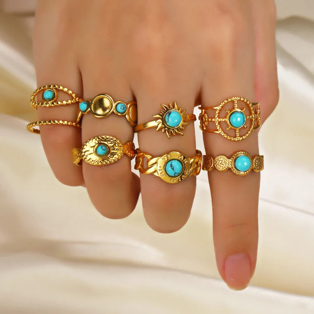 Titanium Steel Stainless Steel Compass Sun Evil Eye Turquoise Ring