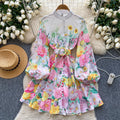 LW0917 2025 New Niche Elegant Stand Collar Lace-Up Waist Print Dress Female Slimming Temperament A-Line Ladies Dress