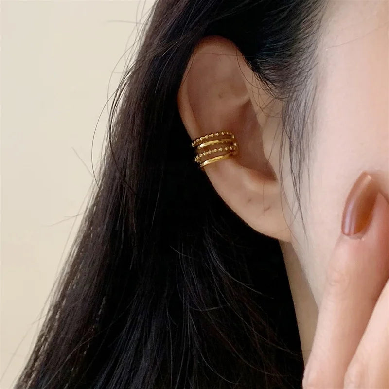 2023 Autumn Stainless Steel Unperforated Ear Clip Four Layers of Steel Ring Waterproof Ear Hole Cuff Clip Earrings for Women