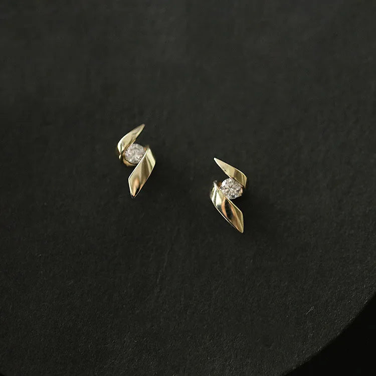 14K Gold Plated Pure 925 Sterling Silver Luxury Simple Rotating Shape Zircon Stud Earrings for Women Girls