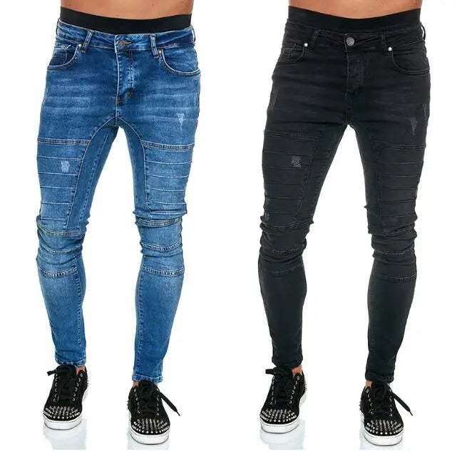 Men Stacked Denim Pants Casual Blue Black Slim Fit Mens Jeans Skinny Stretch Men's Jeans Locomotive Denim Pant