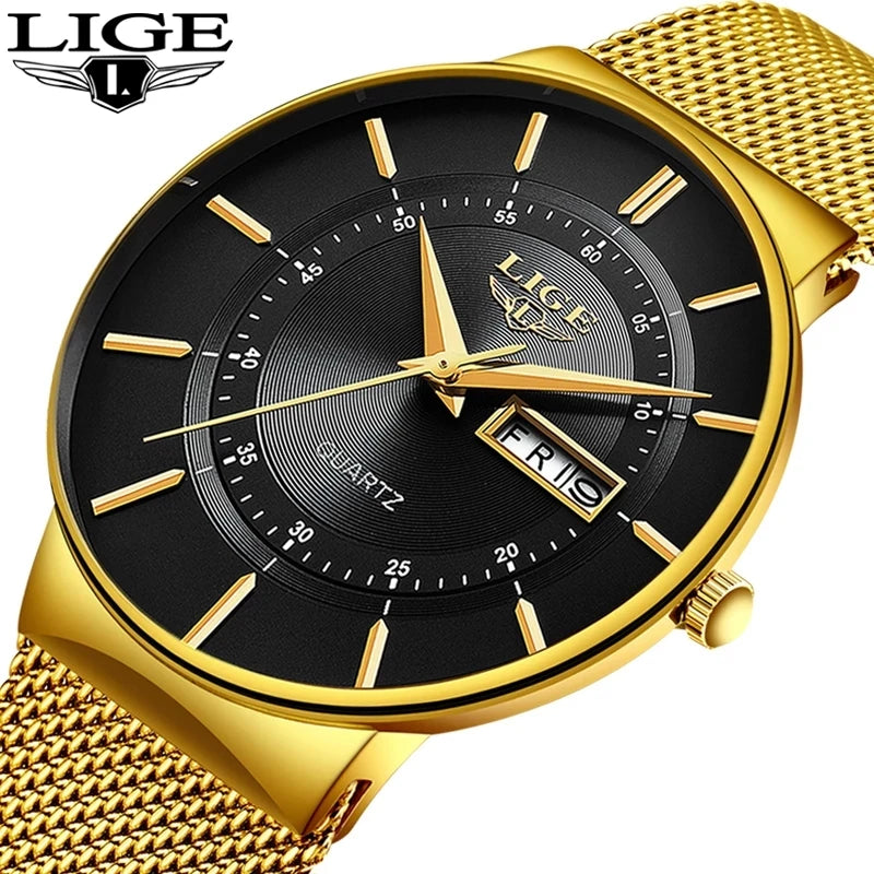 9949 Relogio Masculino 2022 LIGE New Mens Watches Top New Luxury Ultra Thin Quartz Watch Men Steel Mesh Waterproof Gold Watch