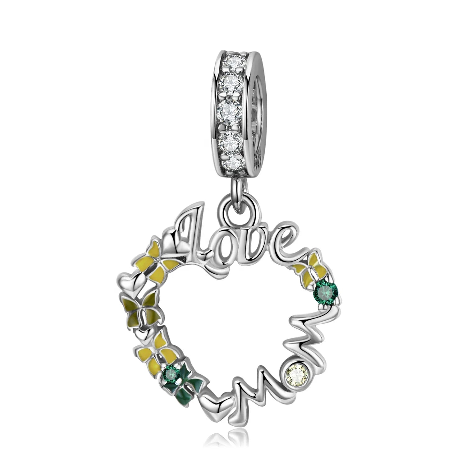 Mom's Love with Colorful Butterfly Pattern Openwork Pendant 925 Silver with CZ for Women Fine Charm Bead Jewelry Bracelet Gift