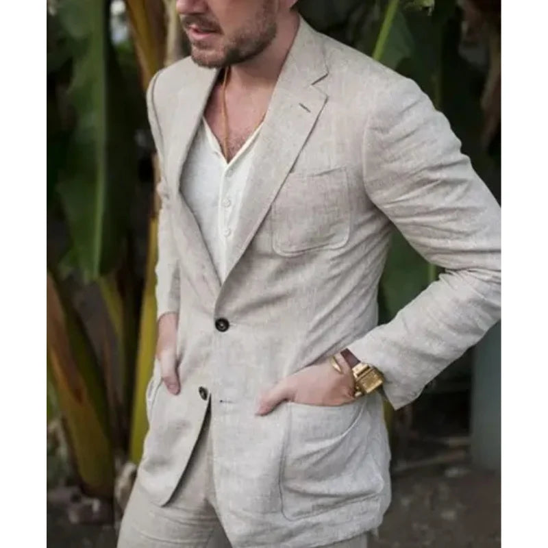 New Design Linen Summer Men Suits Casual Style Suits 2 Pieces(jacket+pant) Notched Lapel Patch Pocket Men Blazer Tuxedos  ZYL069