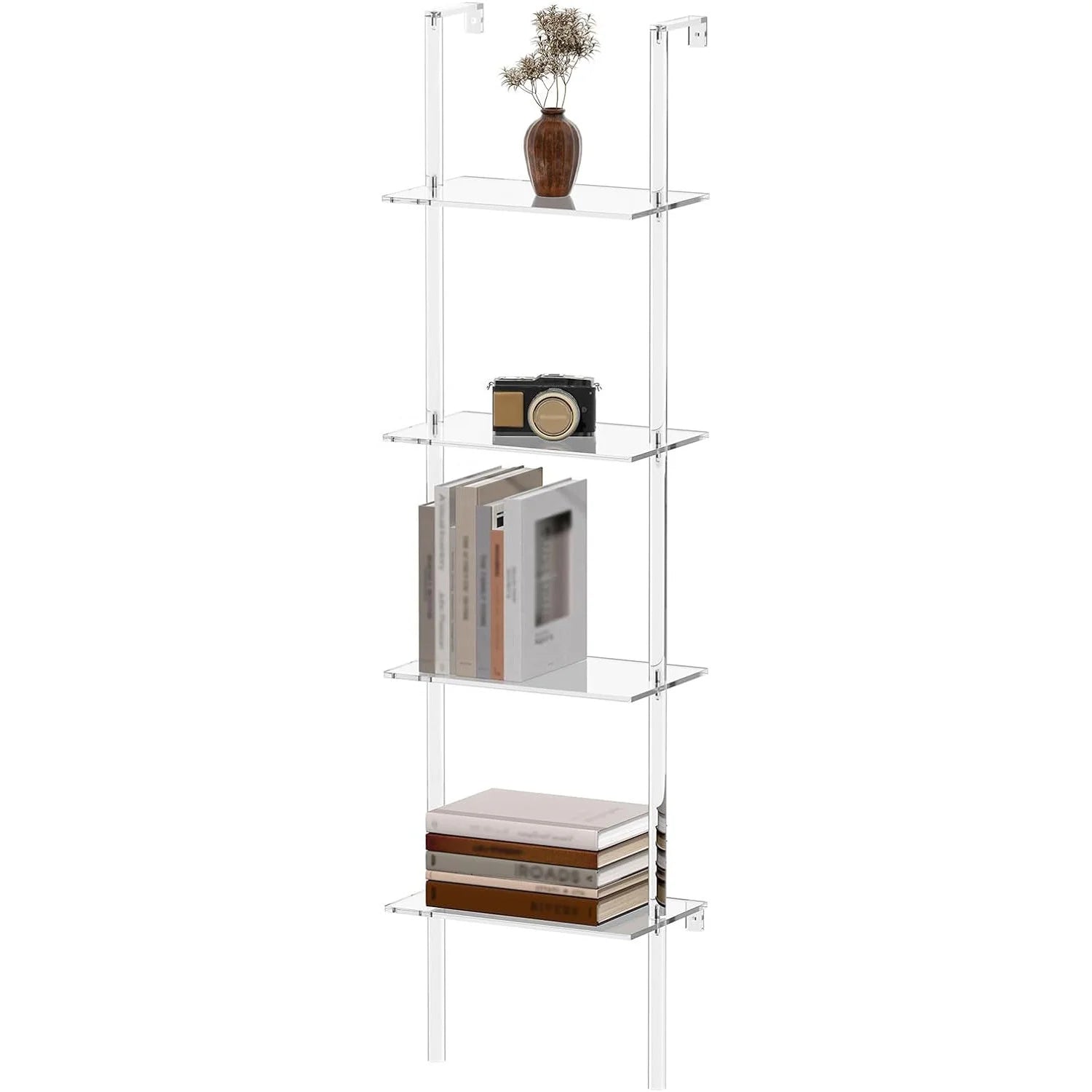 OEM Supplier Clear 4-Tier Clear Wall Mounted Book Shelf  Multipurpose Bookcase Acrylic Ladder Bookshelf