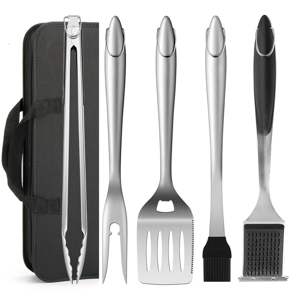 Portable Stainless Steel BBQ Tool Set Long-Shaped Meat Barbecue Fork Heat Resistant Metal Cleaning Brushes Sticks Outdoor