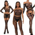 2027 Designed Fishnet Hollow Out Rhinestone Bodystocking Women Mature Diamond Lingerie 2 Pcs Set Teddy Cover up Dress
