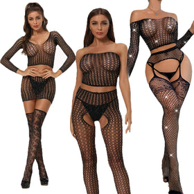 2027 Designed Fishnet Hollow Out Rhinestone Bodystocking Women Mature Diamond Lingerie 2 Pcs Set Teddy Cover up Dress