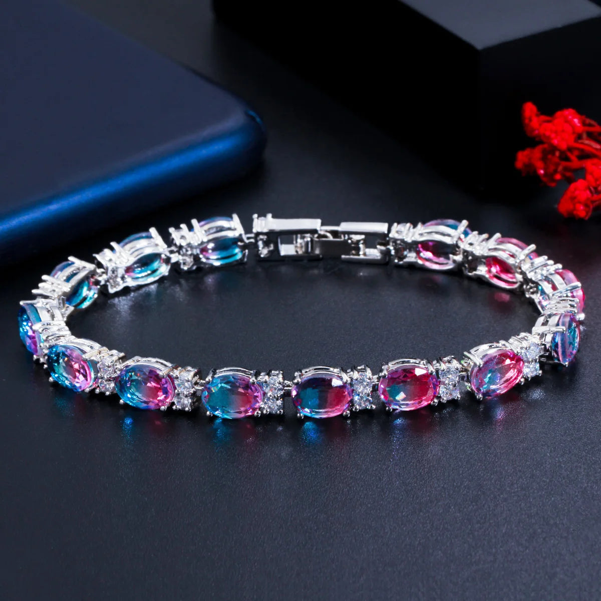 Elegant Silver Plated Oval Cut Mystic Fire CZ Blue Stone Cubic Zirconia Tennis Bracelet for Women Bridal Party Luxury Jewelry