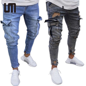 OEM New Fashion Trending Men Casual Cotton Denim Trousers Multi Pocket Cargo Jeans Denim Pencil Pants