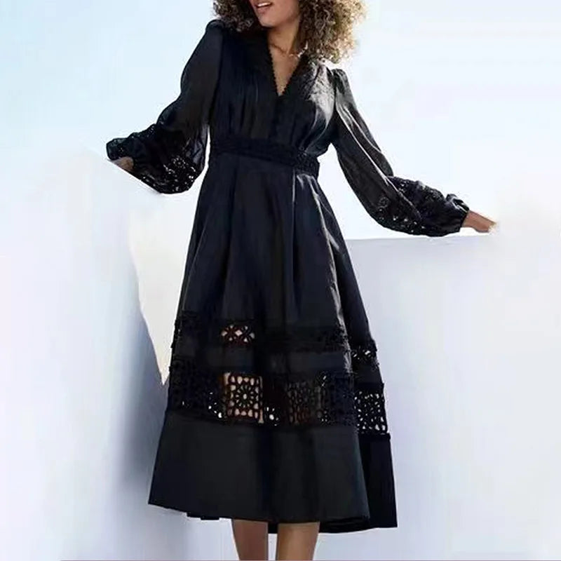 Bohemian Style 2023 Autumn V Neck Button Design Zipper Placket Long Sleeve Natural Waist Eco-Friendly Embroidery Floor-Length