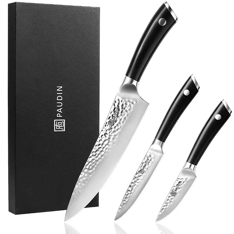Knife Set of 3PC 5Cr15MoV High Carbon Stainless Steel Hammered Blade With ABS Plastic Handle 1 Rivet Chef Utility Paring Knife