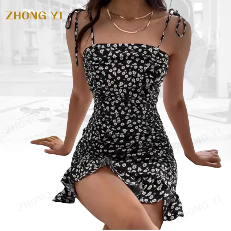 Custom 2026 Fashion Frock Lady Elegant Summer Floral Knee Length Pleated Spaghetti Strap Ladies Mini Dresses for Women