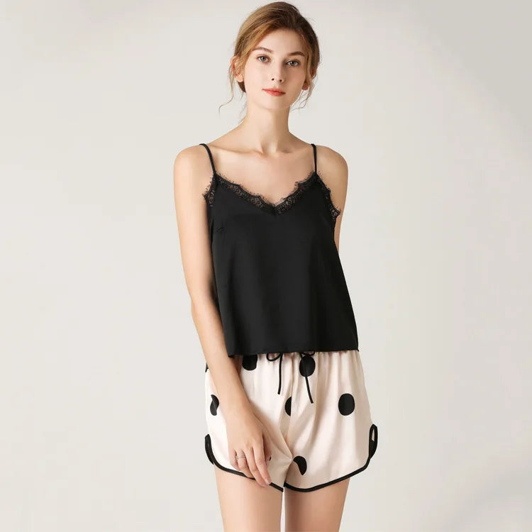 Popular Satin Floral Polka Dot Home Wear Women Sleepwear Pajamas Casual Two Pieces Set Nightwear Girls Pajama Set