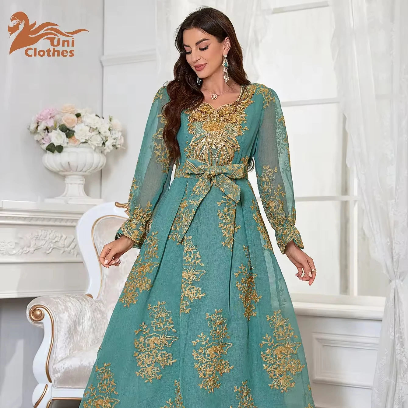 Moroccan Kaftan Dubai Gown Dresses for Women Golden Ribbon Loose Sleeve Muslim Turkey Arabic Clothes