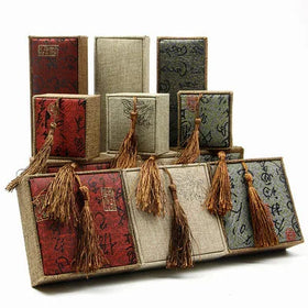 Vintage Chinese Style Linen Tassel Jewelry Box Chinese Ancient Poetry Ring Necklace Jewelry Box Packaging Jewelry Gift Boxes