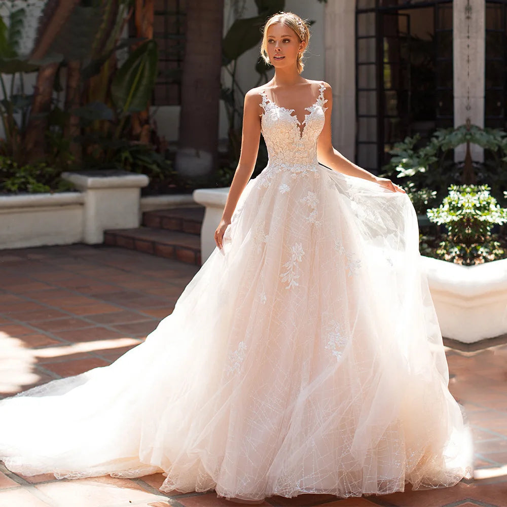 Graceful Mori Style Elegant Slim Wedding Dress European Double Shoulder Deep V-Neck Lace Trailing Appliques Decor Lace Back