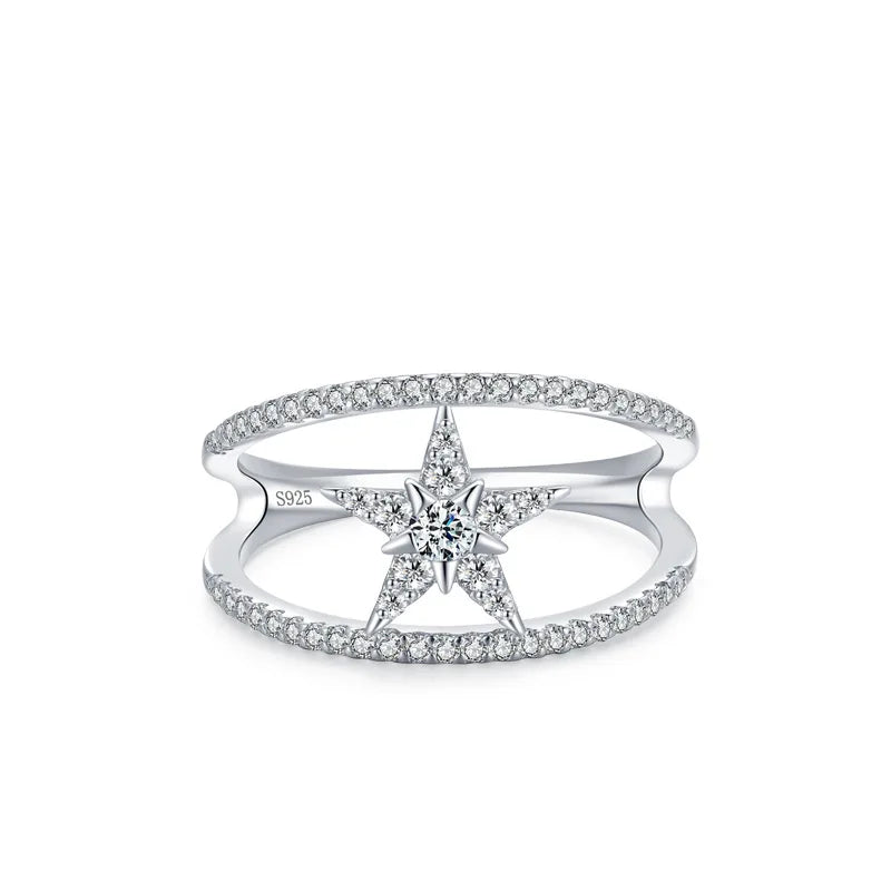 925 Sterling Silver Rhodium Plated Star Shaped Zircon Ring Luxury Pentagram Engagement Wedding for Women Anniversary Gift