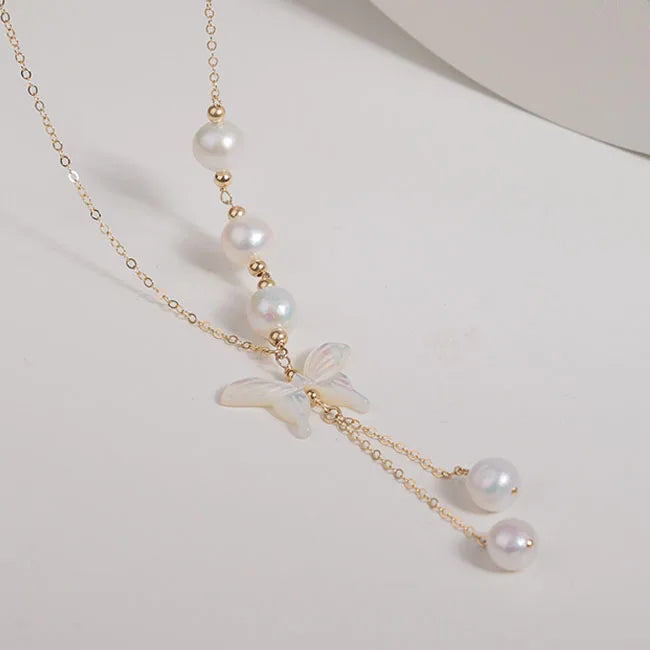 2023 New Beautiful 14K Gold Filled Link Chain Necklace AAA Grade White Freshwater Pearl Mother of Shell Butterfly Pendant Trendy