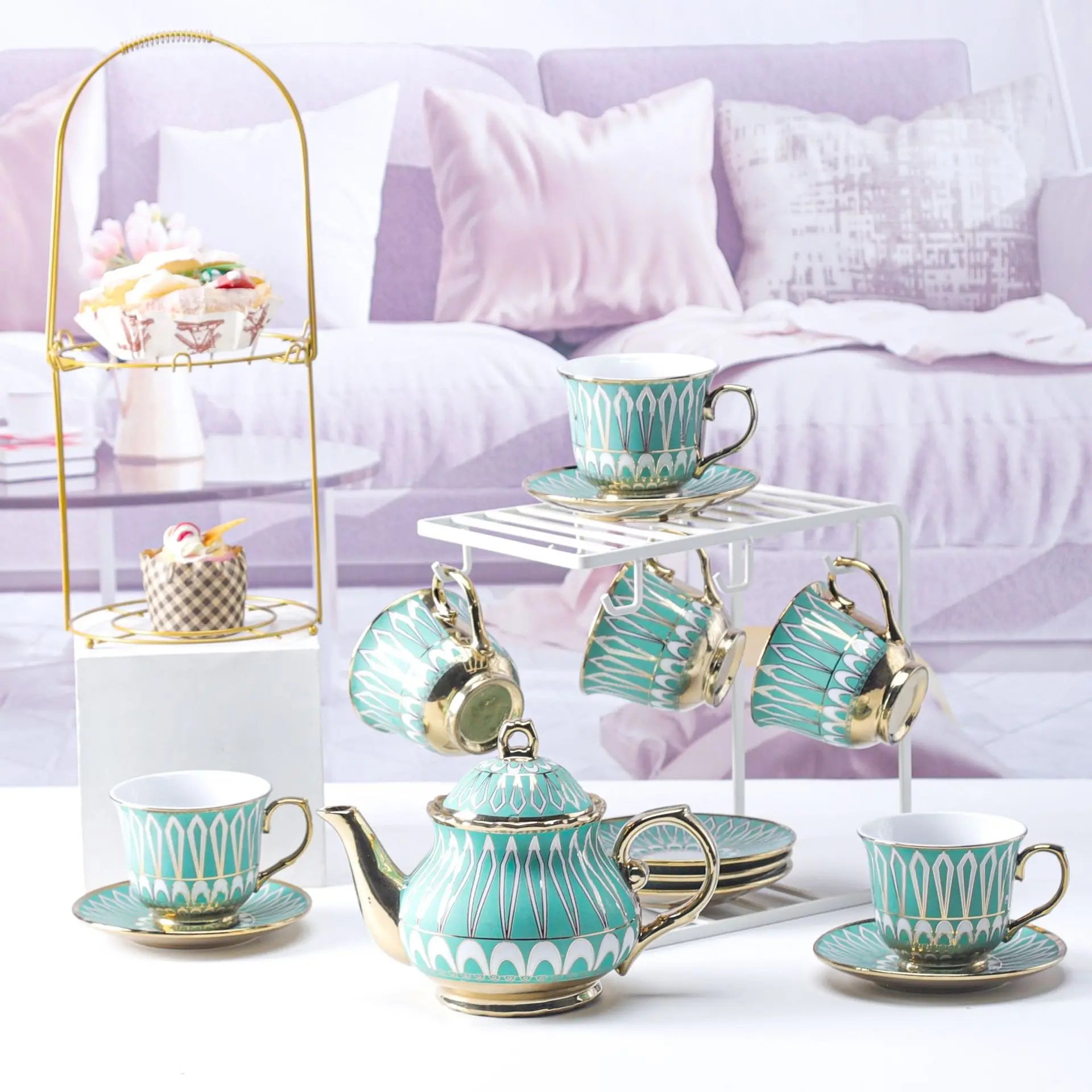 European Luxury Porcelain Ceramic Coffee Cup Set Teapot 850ml Capacity Vintage Style Customizable Logo Eco-friendly for Home