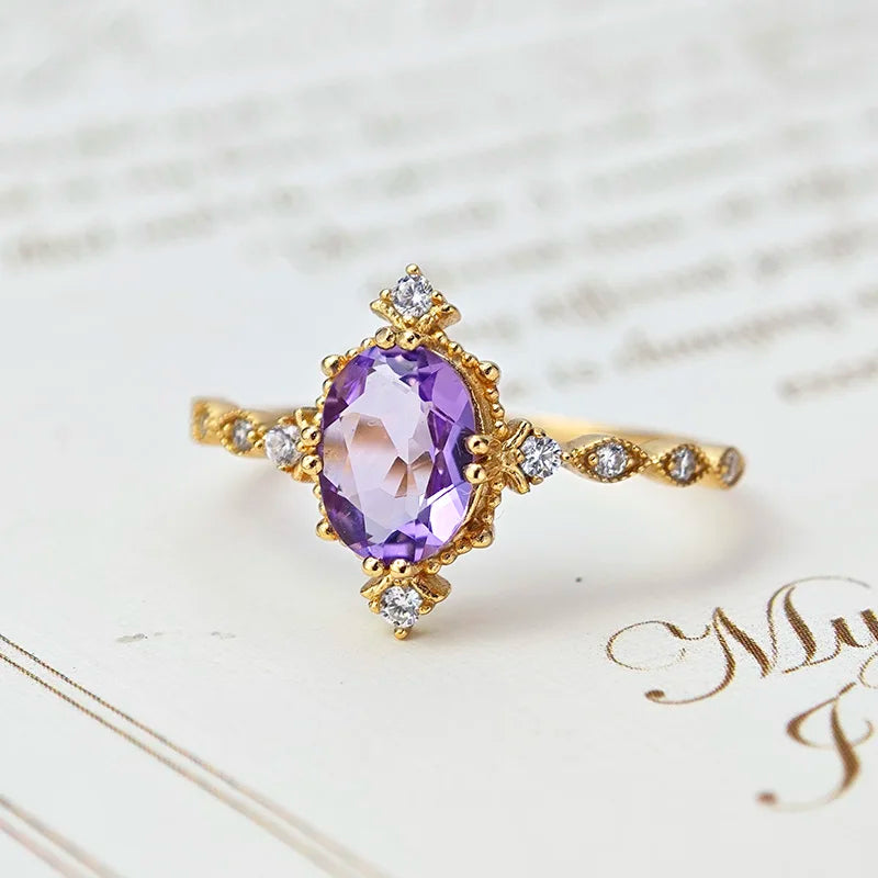 Luxury Natural Amethyst Ring for Women Vintage Gemstone Rings 925 Sterling Silver Gold Vermeil Jewelry Princess Ring