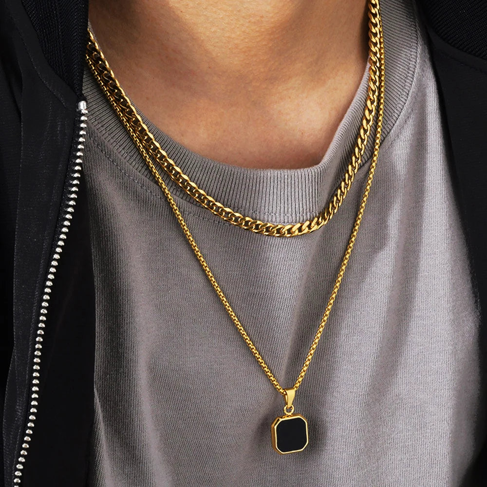 Vintage Square Stone Crystal Necklace Stainless Steel Jewellery 18k Gold Cuban Chain Gemstone Onyx Men Layered Necklace Set